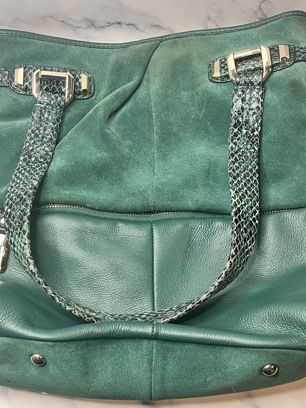 B Makowsky, Snakeskin Green Suede & Leather Shoulder Purse/Handbag Hobo